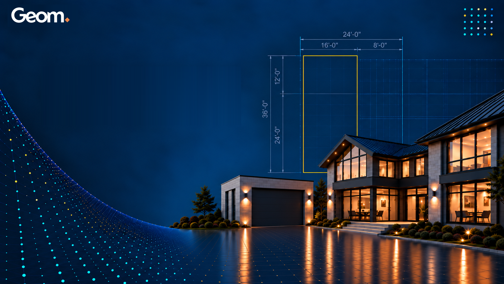 A modern production home at dusk with generated dimension linework overlaid